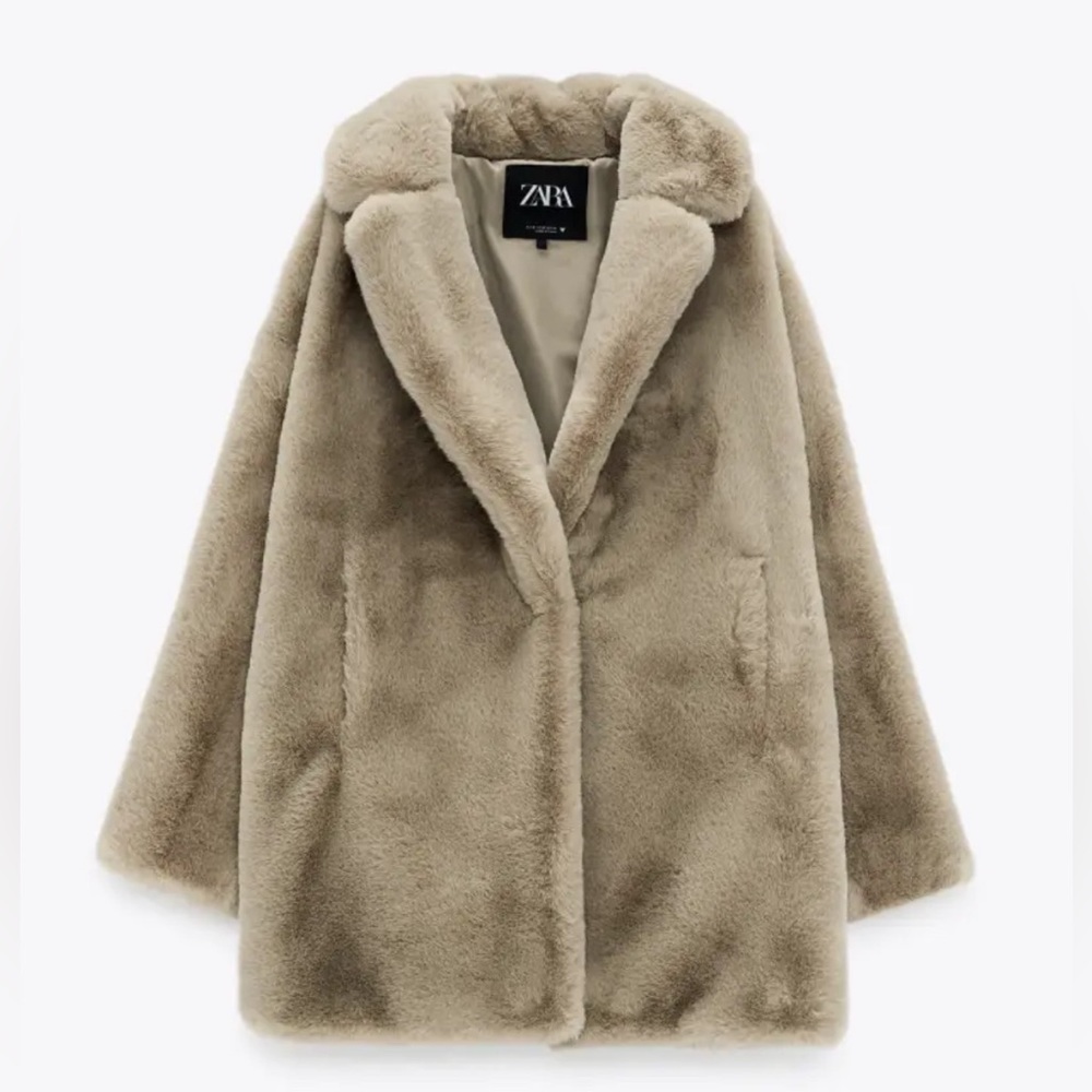 NWT ZARA WOMAN NWT FAUX FUR SHORT COAT LAPEL JACKET TEDDY KHAKI SIZE L